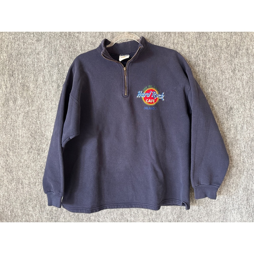 Vintage Hard Rock Cafe Orlando Quarter Zip Sweatshirt Navy Blue Small 90s Logo‎